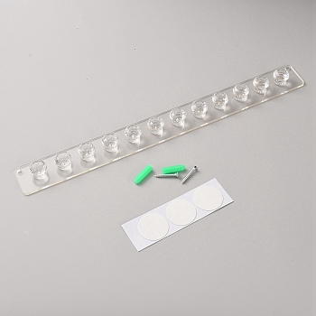 Rectangle 12-Hook Acrylic Wall Mounted Jewelry Display Racks, for Bracelets Necklaces Keys, with Stickers and Screws, Clear, 34.2x3.5x0.25~1.7cm