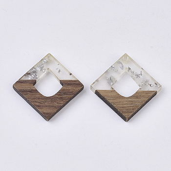 Transparent Resin & Walnut Wood Pendants, with Silver Foil, Waxed, Rhombus, Silver, 27.5x27.5x3~4mm, Hole: 2mm