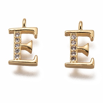 Brass Micro Pave Clear Cubic Zirconia Charms, Cadmium Free & Lead Free, Long-Lasting Plated, Alphabet, Letter.E, 11x6.5x3mm, Hole: 1.4mm