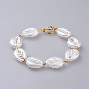 Acrylic Imitated Pearl Bracelets, with 304 Stainless Steel Findings and Alloy Toggle Clasps, Cowrie Shell Shape, Golden, White, 7-7/8 inch(20cm)