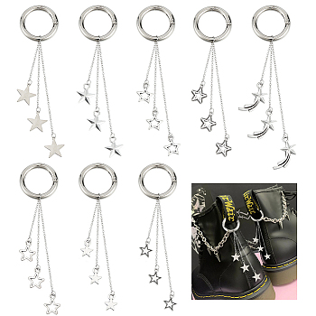 16Pcs 8 Style Star Alloy Tassel Shoe Decoration, Shoe Charms, with Spring Gate Rings, Antique Silver, 114~119mm, 2pcs/style