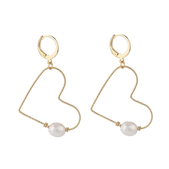 Large Heart Wire Dangle Hoop Earring, Pearl Beaded Drop Earrings for Women, Golden, Seashell Color, 49mm, Pin: 0.85mm