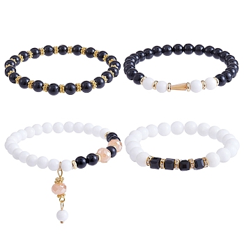 4Pcs 4 Style Natural Malaysia Jade Stretch Bracelets Set with Glass Beaded, Gemstone Jewelry for Women, Inner Diameter: 2-1/8 inch(5.5cm), 1Pc/style