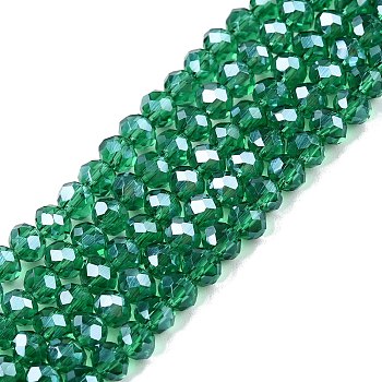 Electroplate Glass Beads Strands, Pearl Luster Plated, Faceted, Rondelle, Green, 3.5~3.8x3mm, Hole: 0.4mm, about 113~115pcs/strand, 32.5~33cm