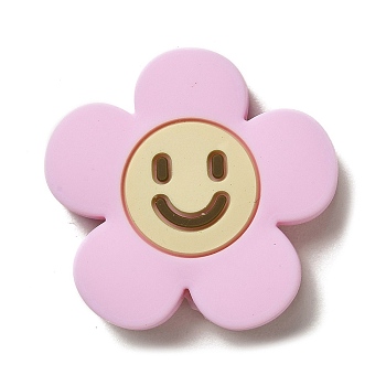 Silicone Beads, Flower with Smiling Face, Silicone Teething Beads, Pink, 30x31x8.5mm, Hole: 3mm