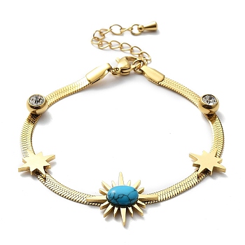 Synthetic Turquoise Star & Rhinestone Round Link Bracelet with Herringbone Chains, Ion Plating(IP) 304 Stainless Steel Bracelet, Golden, 6-1/4 inch(15.8cm)