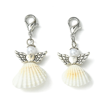 Angel Shell Pendant Decorations, with Alloy Lobster Claw Clasps, Antique Silver & Platinum, 49~52mm