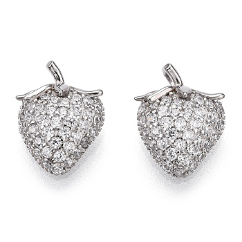 Rhodium Plated 925 Sterling Silver Micro Pave Cubic Zirconia Charms, with S925 Stamp, Strawberry Charms, Nickel Free, Real Platinum Plated, 12x9.5x6mm, Hole: 1.4mm