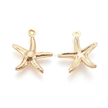 304 Stainless Steel Pendants, Starfish/Sea Stars, Real 24K Gold Plated, 17.5x15.5x2mm, Hole: 1mm