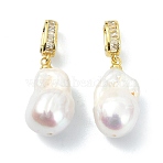 Natural Baroque Keshi Pearl Edison Pearl Pendants, Oval Charms with Brass Micro Pave Clear Cubic Zirconia Bails, White, Golden, 20mm, Hole: 6.5x3.5mm(PALLOY-JF05285)