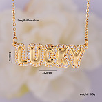 Brass Micro Pave Clear Cubic Zirconia Bubble Word LUCKY Pendant Necklaces, with 304 Stainless Steel Chains, Golden, 15.75 inch(40cm)(FS-WGCB7F4-01)