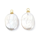 Natural Baroque Keshi Pearl Pendants, Oval Charms with Brass Bails, White, Golden, 18.5~19.5x11.5x3.5~4mm, Hole: 1.6mm(PALLOY-JF05283)