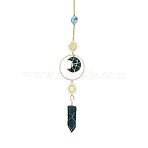 Natural Moss Agate Moon & Bullet Window Hanging Suncatchers, Metal Sun Pendant Decorations, Car Ornament, 460mm, Moon: 30mm, Bullet: 45~50mm(DJEW-PW0009-035G)
