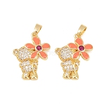 Brass Micro Pave Clear Cubic Zirconia Pendants, with Enamel, Bear with Flower Charms, Long-Lasting Plated, Rack Plating, Lead Free & Cadmium Free, Golden, 21x17x4mm, Hole: 5x2.5mm(X-KK-F931-19G)