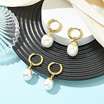 2 Pairs 202 Stainless Steel Hoop Dangle Earrings, Oval, with Shell Pearl Pendants, Golden, 37~39x12~14mm(EJEW-JE07174)