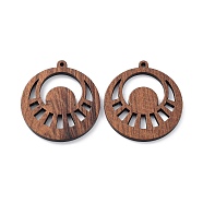 Walnut Wood Laser Cut Pendants, Hollow Charms, Undyed, Flat Round, 33x30x2.5mm, Hole: 1.5mm(X-WOOD-Q051-05J)