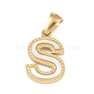 Natural White Shell Alphabet Pendants, Ion Plating(IP) Real 18K Gold Plated 304 Stainless Steel Charms, Letter S, 17x11.5x1.5mm, Hole: 5x3mm(STAS-M338-02G-S)
