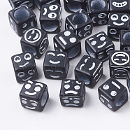 Craft Acrylic Beads, Cube with Mixed Expression, Black, 6x6x6mm, Hole: 3.5mm, about 3000pcs/500g(MACR-Q231-01)