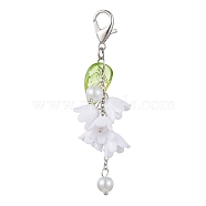 Acrylic Pendant Decorations, with Glass Imitation Pearl Beads and Alloy Lobster Claw Clasps, Flower with Leaf, White, 70mm(HJEW-JM01780-02)
