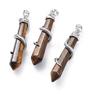 Natural Tiger Eye Big Pointed Pendants, with Platinum Plated Brass Bails, Faceted, Bullet with Snake, 59~61.5x11~12x11~12mm, Hole: 5x8mm(G-F696-B09)