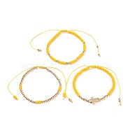 Adjustable Nylon Cord Braided Bead Bracelets Sets, with Glass Seed Beads, Brass Round Beads and Brass Micro Pave Clear Cubic Zirconia Cross Beads, Yellow, Inner Diameter: 2-1/4~ 4-1/8 inch (5.6~10.5cm), 3pcs/set.(BJEW-JB05735-04)