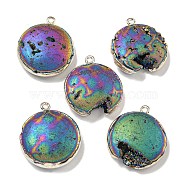 Electroplated Natural Druzy Agate Pendants, Brass Flat Round Charms, Silver Color, Colorful, 29~30x24~26x7.5~9mm, Hole: 1.8mm(G-A229-01D)