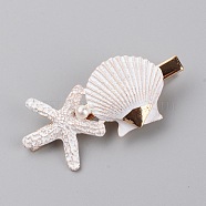 Iron Alligator Hair Clips, with Alloy Findings, Starfish & Shell, White, 62x30x14mm(PHAR-WH0007-05)