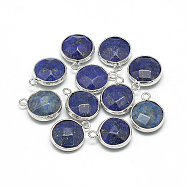 Synthetic Lapis Lazuli Pendants, with Brass Findings, Faceted, Dyed, Flat Round, Platinum, Blue, 19~21x15~16x6~7mm, Hole: 2mm(X-G-Q964-04P)