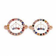 Alloy Links Connectors, with Enamel and Colorful Rhinestone, Light Gold, Flat Round with Crown, Creamy White, 15x20x2mm, Hole: 1.4mm(PALLOY-N153-20-RS)