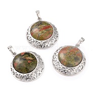 Natural Unakite Pendants with Hollow Platinum Brass Findings, Flat Round, 33.5x30x6mm, Hole: 8x5mm(G-P448-A09-P)