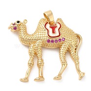 Rack Plating Brass Micro Pave Cubic Zirconia Pendants, Real 18K Gold Plated, with Enamel Long-Lasting Plated, Cadmium Free & Lead Free, Camel, Deep Pink, 29~30x33x5mm, Hole: 3.5x5.5mm(KK-I706-20B-G)