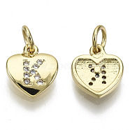 Brass Micro Pave Clear Cubic Zirconia Charms, with Jump Ring, Heart with Letter, Real 16K Gold Plated, Nickel Free, Letter.K, 10x9x2mm, Jump Ring: 5x1mm, 3mm inner diameter(KK-N227-34K-NF)