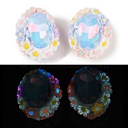 Handmade Luminous Polymer Clay Glass Rhinestone Beads, with Acrylic, Oval with Flower, Sky Blue, 25.5~26x21.5~22x17mm, Hole: 2mm(CLAY-H003-05F)