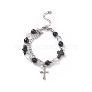 Natural & Synthetic Mixed Stone Beaded Bracelet with Cross Charm, 304 Stainless Steel Jewelry for Men Women, Black, 7-5/8 inch(19.4cm)(BJEW-TA00184-01)