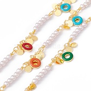 Handmade Eco-friendly Brass Enamel Ring & Flat Round Charms Chain, with Enamel & Glass Pearl Beaded, Real 18K Gold Plated, Lead Free & Cadmium Free, Soldered, with Spool, Colorful, 21.5x3mm(CHC-E025-24G)