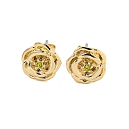 Brass Micro Pave Cubic Zirconia Ear Studs, Flower, Golden, Yellow Green, 9.5mm(EJEW-P283-01G-08)