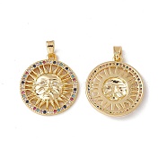 Brass Micro Pave Cubic Zirconia Pendant, with Glass, Flat Round with Sun Charm, Real 18K Gold Plated, 23.5x21x3.5mm, Hole: 4.5x2.5mm(KK-E068-VC067)