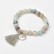 Natural Flower Amazonite Beads Stretch Bracelets, with Brass & Alloy Findings & Tassel Pendants, Frosted, Round & Buddha Head, Burlap Packing, 2-1/8 inch(53mm)(X-BJEW-JB02812-04)