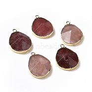 Natural Strawberry QuartzPendants, with Brass Findings, Faceted, Drop, Golden, 31~35x20~25x7~9mm, Hole: 2.5mm(G-I207-14K-G)