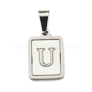 304 Stainless Steel Pave Natural White Shell Pendants, Rectangle with Letter Charms, Stainless Steel Color, Letter U, 17.5x12x1.5mm, Hole: 6x3mm(STAS-S130-03P-U)