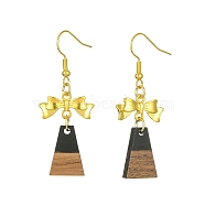 Resin & Walnut Wood Dangle Earrings, Golden Alloy Bowknot Long Drop Earrings, Trapezoid, 50.5x19.5mm(EJEW-JE05507-02)