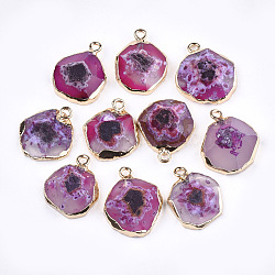 Electroplate Natural Agate Pendants, with Brass Findings, Faceted, Dyed, Golden, Magenta, 17~22x14~18x5~10mm, Hole: 1.8mm(G-T112-18D)