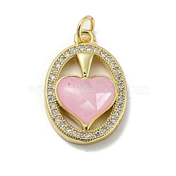 Brass Micro Pave Cubic Zirconia Pendants, with Enamel Shell, Oval with Heart, Pink, 21x14x4mm(KK-H457-01G-03)