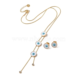 Evil Eye 304 Stainless Steel Jewelry Set, Natural Shell with Enamel Stud Earrings and Lariat Necklace, Golden, Necklaces: 390mm;
earring: 12mm(SJEW-H306-04G)