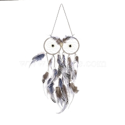 Owl Woven Web/Net with Feather Hanging Ornaments, Iron Ring for Home Living Room Bedroom Wall Decorations, Tan, 520mm(HJEW-G025-05)