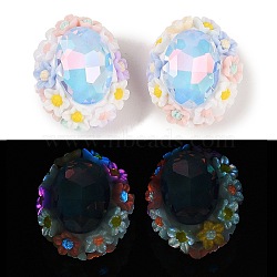 Handmade Luminous Polymer Clay Glass Rhinestone Beads, with Acrylic, Oval with Flower, Sky Blue, 25.5~26x21.5~22x17mm, Hole: 2mm(CLAY-H003-05F)