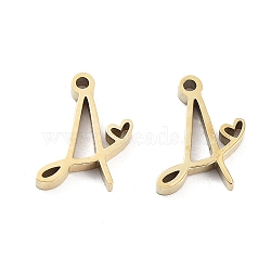 304 Stainless Steel Charms, Laser Cut, Real 14K Gold Plated, Letter A, 11x6.5x1.5mm, Hole: 1mm(STAS-M327-02G-A)