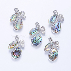 Natural Paua Shell Pendants, with Rhinestone and Brass Findings, Leaf, Platinum, 36~37x23~24x4~5mm, Hole: 4x7mm(SSHEL-E559-13P)