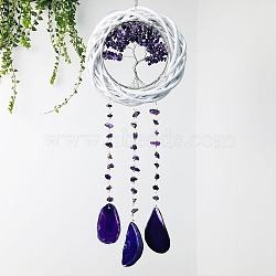 Rattan & Natural Amethyst Chips Flat Round with Tree of Life Pendant Decorations. Wind Chime, with Agate Piece, White, 490x150mm(TREE-PW0003-13A)