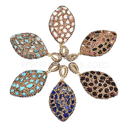 Polymer Clay Rhinestone Pendants, with Gemstone Chip/Natural Shell Chip and PU Leather, Horse Eye, Golden, PP12(1.8~1.9mm), 51~52x32~33x7~8mm,  Hole: 9mm(RB-S056-12B-G)